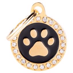 My Family Dog Tag Glam Small Black/Gold Circle with Paw and Stone